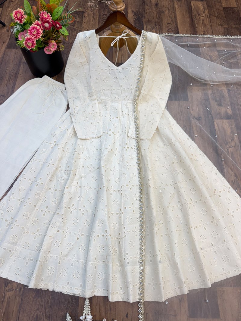 Nsr 919 Pure Cotton Chiffly Work Anarkali Kurti With Bottom Dupatta